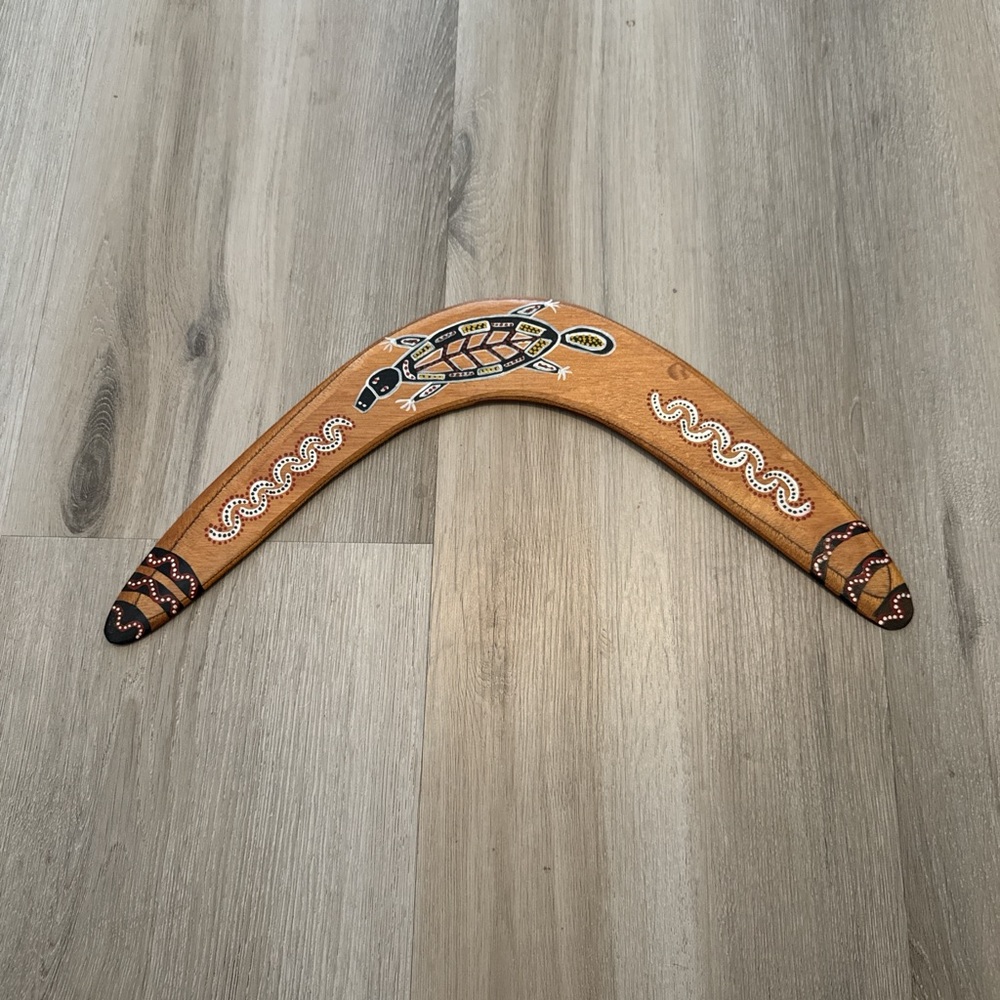 Handcrafted Wooden Boomerang with Turtle Design 16”